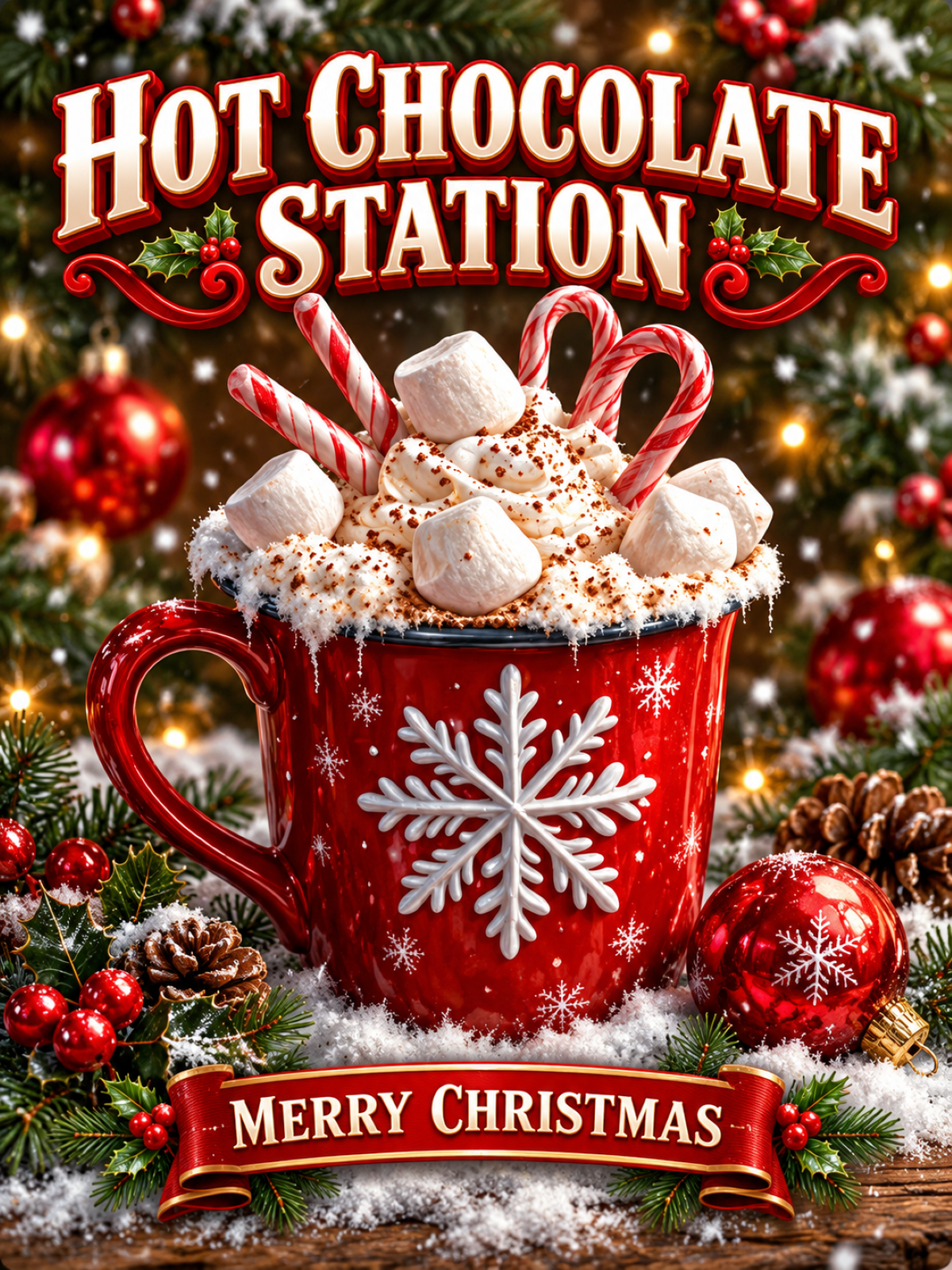 Christmas Hot Chocolate Station metal sign featuring a red snowflake mug with cream, marshmallows, candy canes and festive decorations.