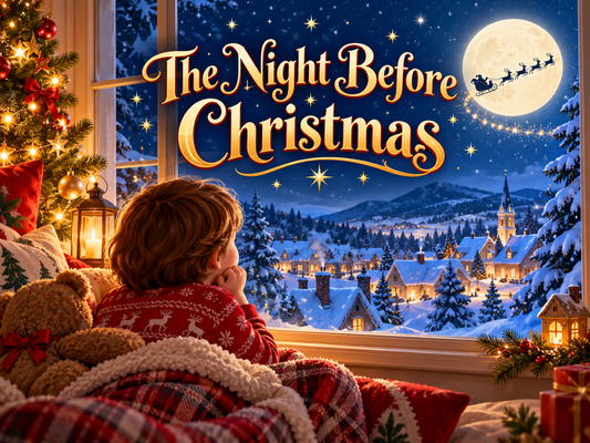 The Night Before Christmas metal sign showing a child looking across a snowy village towards Father Christmas and reindeer flying past the moon.
