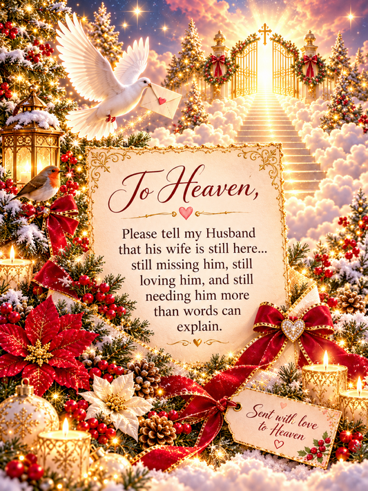 Christmas memorial metal sign for a beloved husband, featuring a white dove carrying a letter towards heavenly gates, robin and candles.