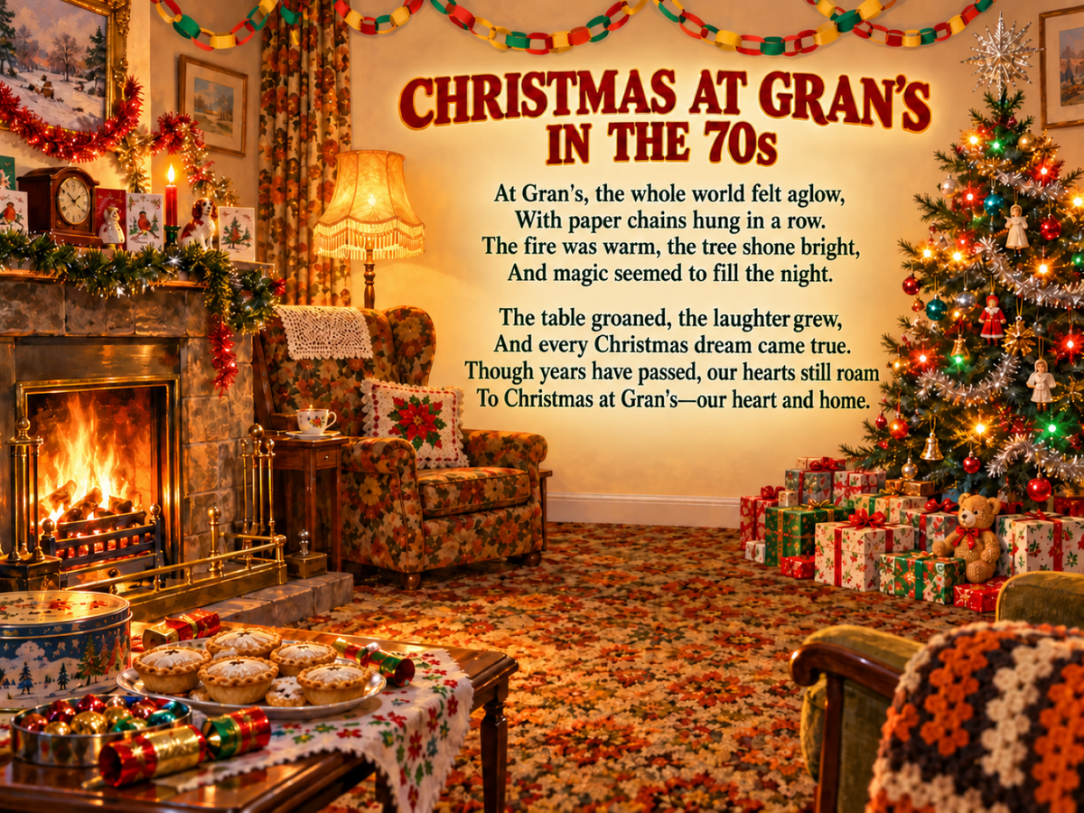 Christmas at Gran's in the 70s nostalgic Christmas poem metal sign artwork.