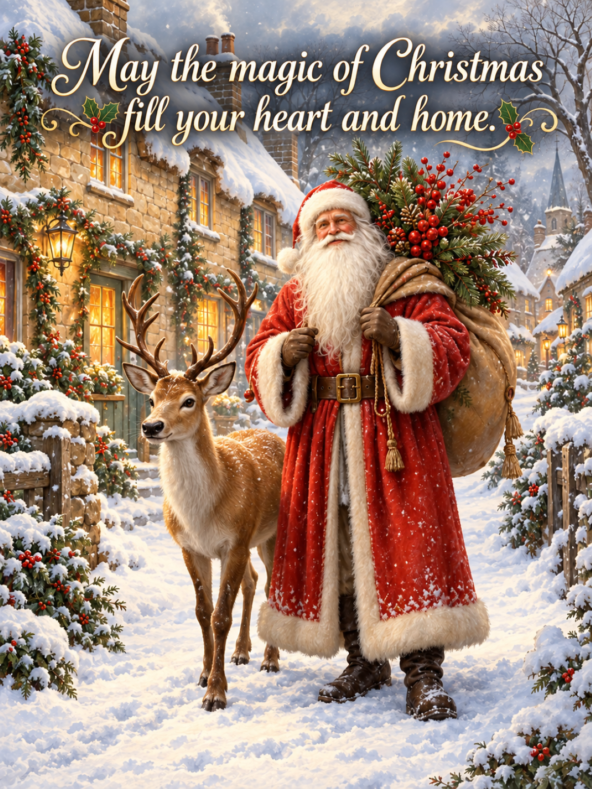 Magic of Christmas metal sign featuring Father Christmas and a reindeer in a snowy village with decorated cottages and glowing windows.