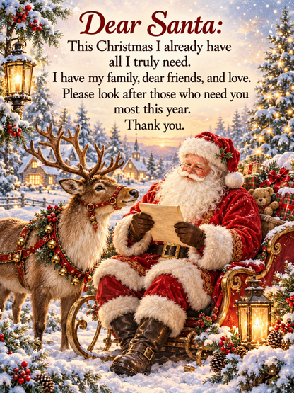 Dear Santa heartfelt Christmas metal sign showing Father Christmas reading a letter beside a reindeer, with snowy trees, presents and glowing lanterns.