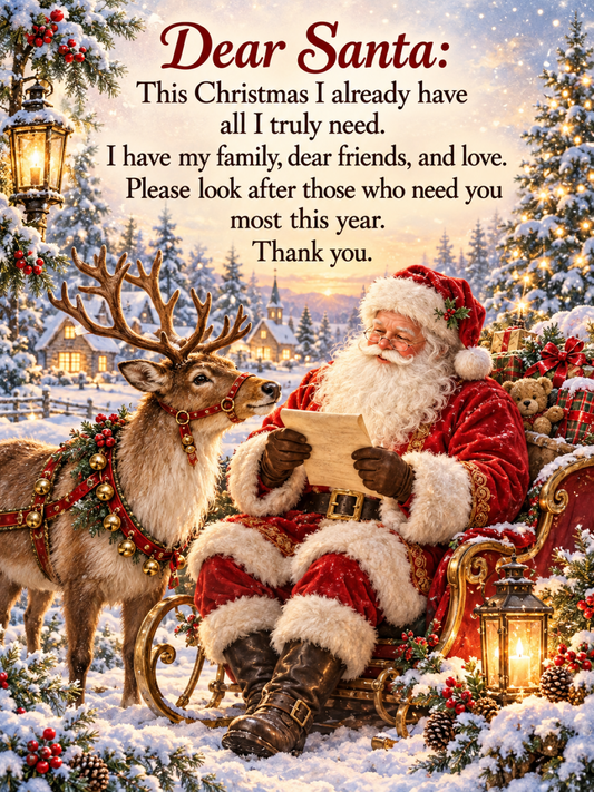 Dear Santa heartfelt Christmas metal sign showing Father Christmas reading a letter beside a reindeer, with snowy trees, presents and glowing lanterns.