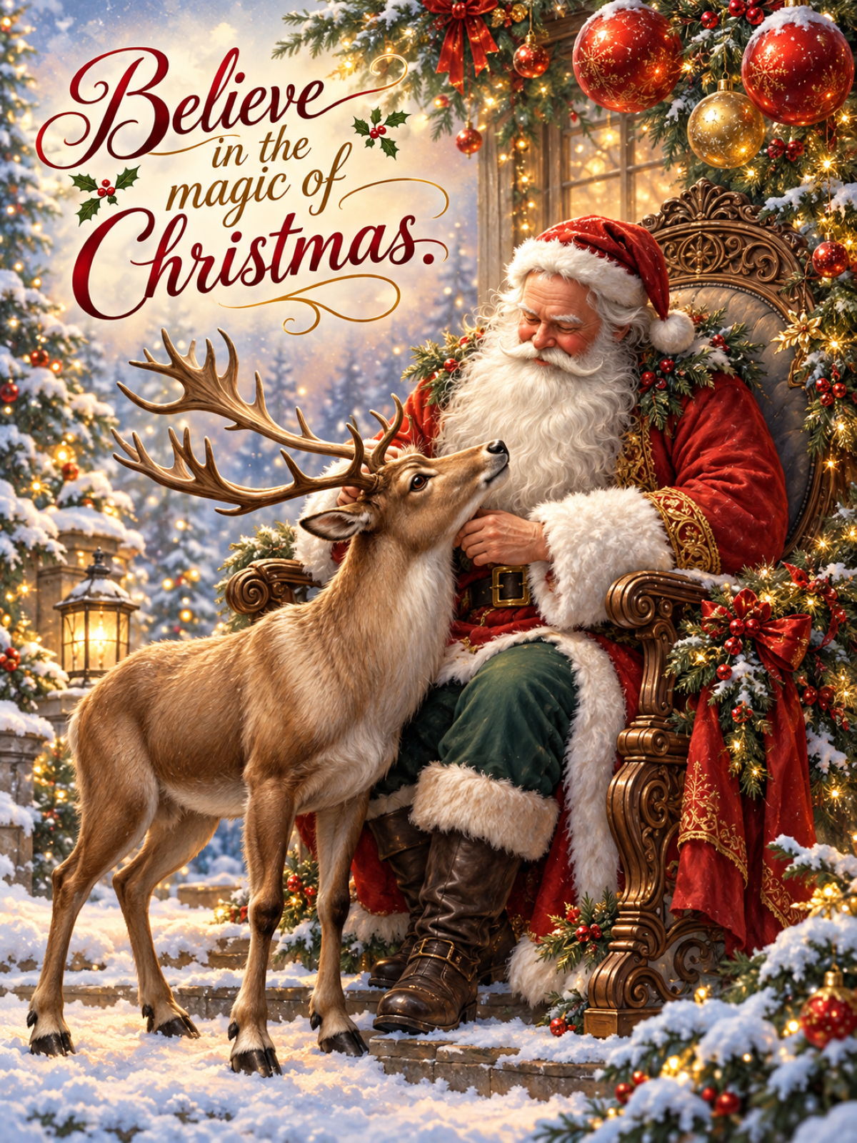 Portrait Christmas metal sign featuring Father Christmas gently stroking a reindeer among snowy trees, lanterns and red and gold decorations.