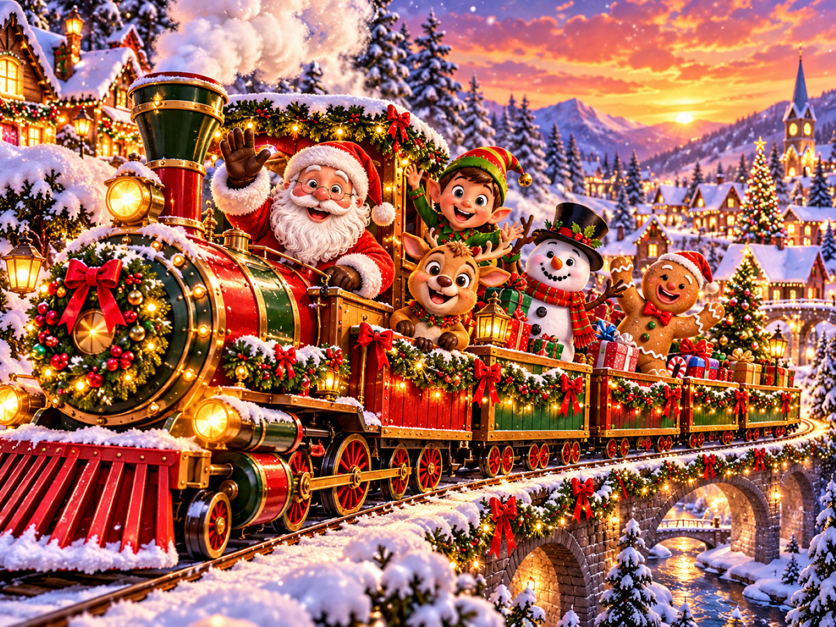 Santa's Christmas Train metal sign featuring Father Christmas, an elf, reindeer, snowman and gingerbread character riding a festive train across a snowy bridge.