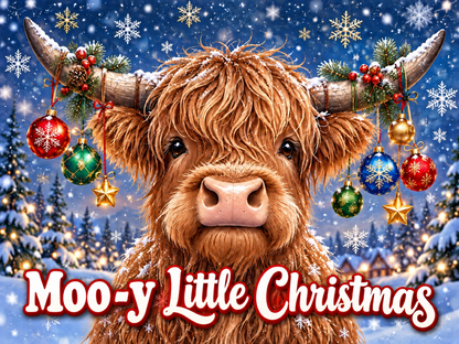 Moo-y Little Christmas metal sign featuring a shaggy Highland cow with colourful Christmas baubles hanging from its horns against a snowy blue background.