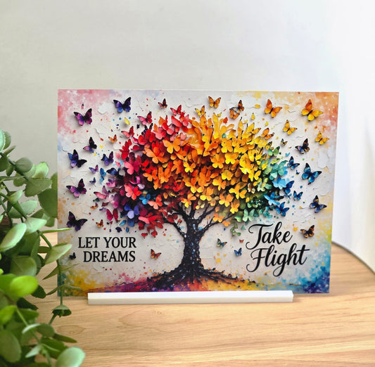 Let Your Dreams Take Flight Metal Sign – Colourful Tree & Butterfly Wall Art