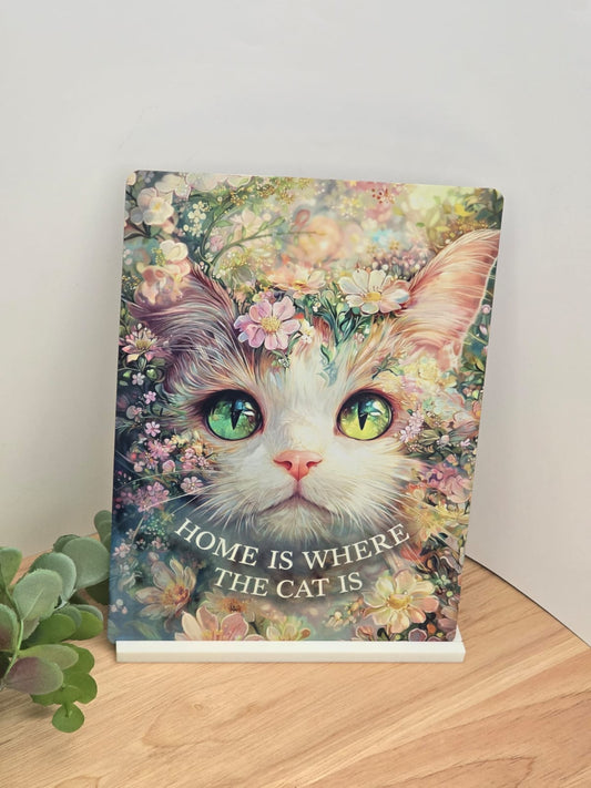 Cat Lover Sign – Home Is Where The Cat Is | Cute Floral Cat Wall Art