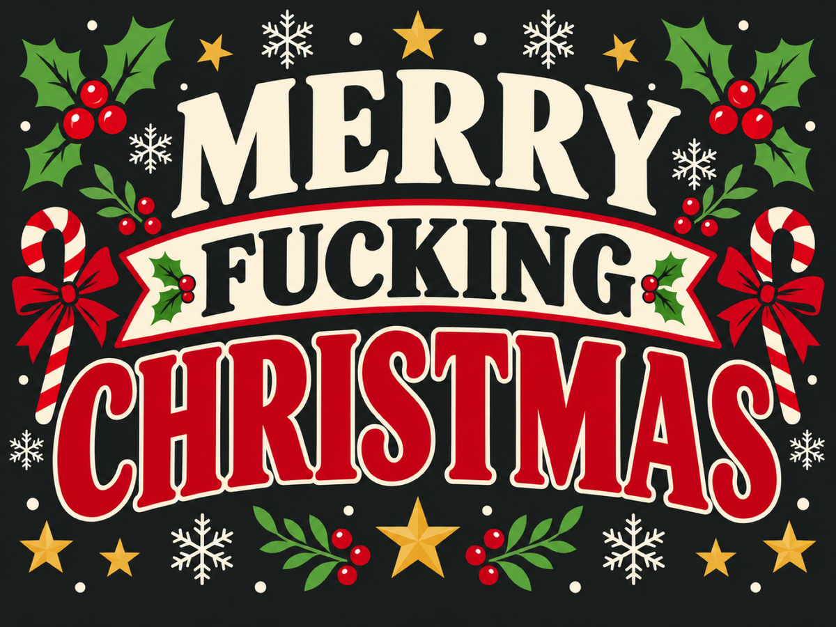 Cheeky Merry Christmas vintage-style metal sign featuring bold red and cream lettering on dark background with candy canes, holly and gold stars.