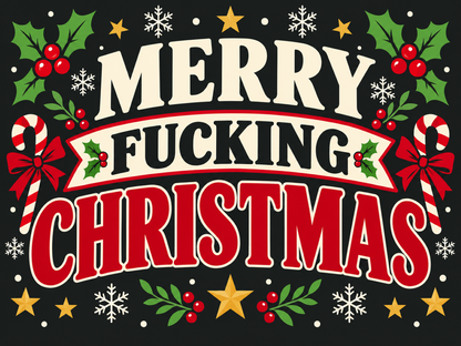 Cheeky Merry Christmas vintage-style metal sign featuring bold red and cream lettering on dark background with candy canes, holly and gold stars.