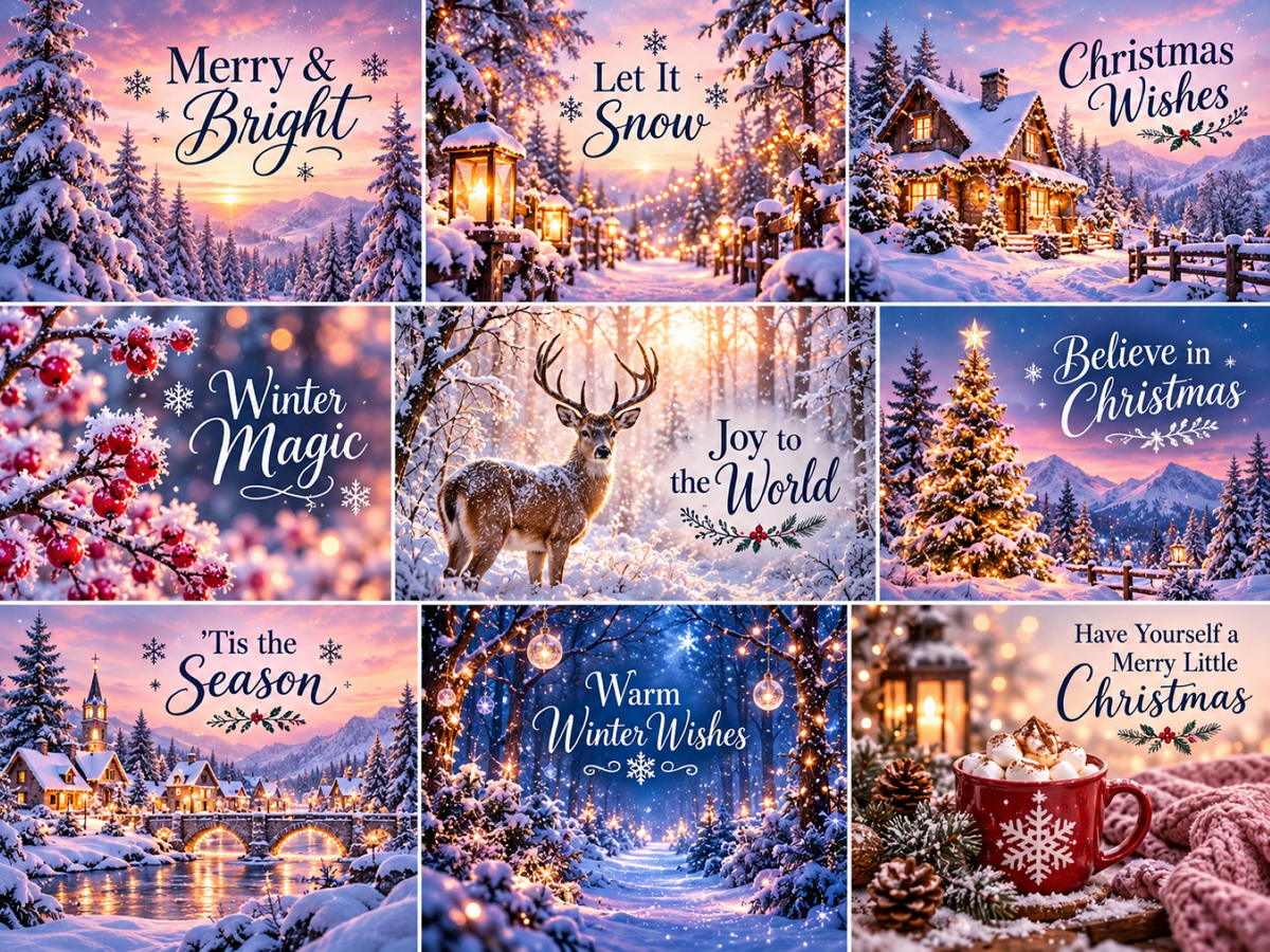Winter Christmas Wishes metal sign featuring nine festive panels with snowy villages, deer, lanterns, hot chocolate and traditional Christmas sayings.