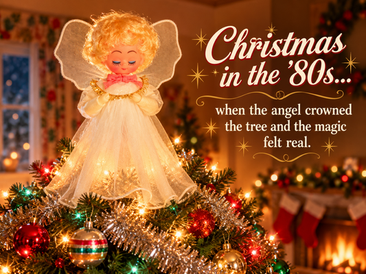 Nostalgic Christmas in the 80s metal sign showing an angel on top of a Christmas tree with colourful baubles, tinsel and glowing lights.