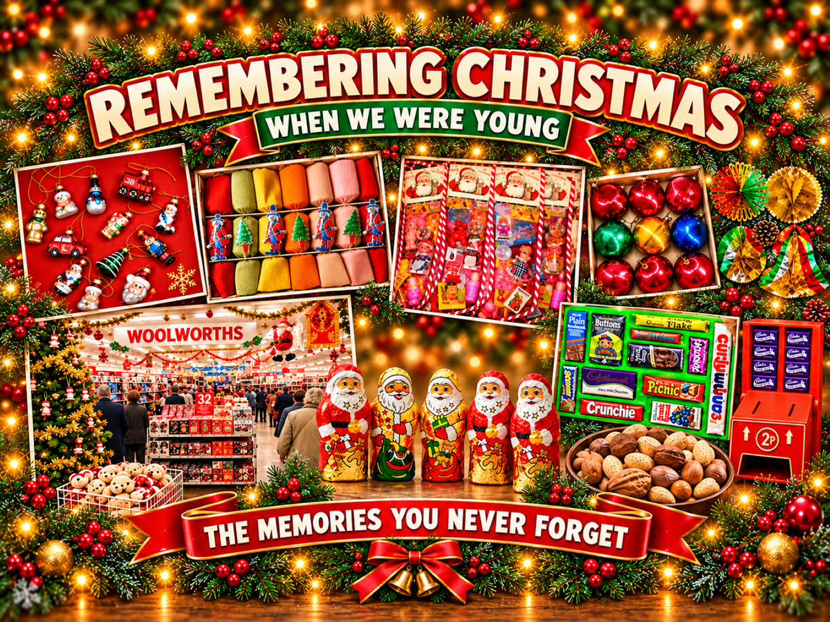 Remembering Christmas when we were young metal sign featuring a nostalgic collage of paper chains, festive decorations, selection boxes and childhood treats.