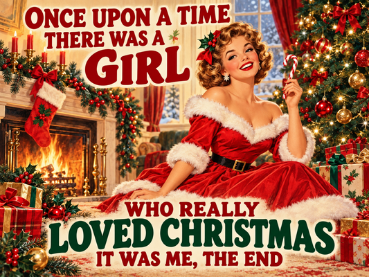 Retro Once Upon a Time Christmas Girl metal sign featuring a glamorous woman in a red festive dress holding a candy cane beside a fireplace and decorated tree.