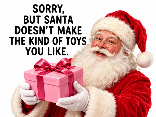 Cheeky Santa's Toys Christmas metal sign showing Father Christmas holding a pink present beside a funny festive saying.