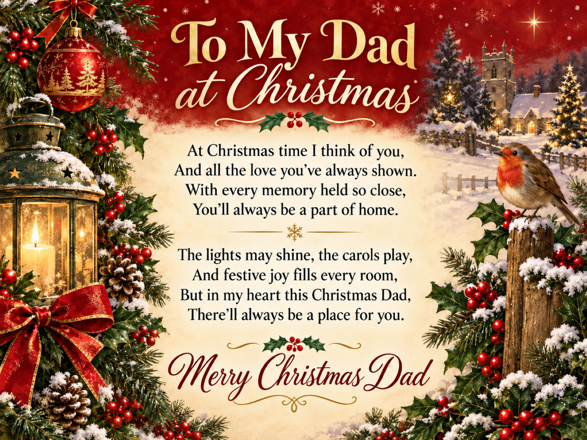 Heartfelt Christmas metal sign for Dad with festive poem, snowy village, robin, glowing lantern and traditional red and gold Christmas decorations.
