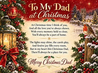 Heartfelt Christmas metal sign for Dad with festive poem, snowy village, robin, glowing lantern and traditional red and gold Christmas decorations.