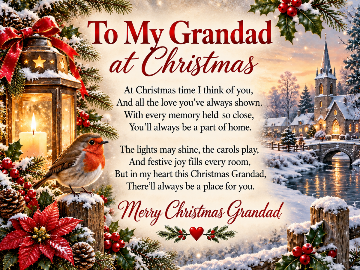Christmas gift for Grandad metal sign with a heartfelt poem, snowy village scene, robin, lantern and festive greenery.