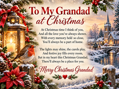 Christmas gift for Grandad metal sign with a heartfelt poem, snowy village scene, robin, lantern and festive greenery.