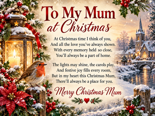 Christmas gift for Mum metal sign featuring a heartfelt poem, robin, glowing lantern, festive greenery and snowy village scene.