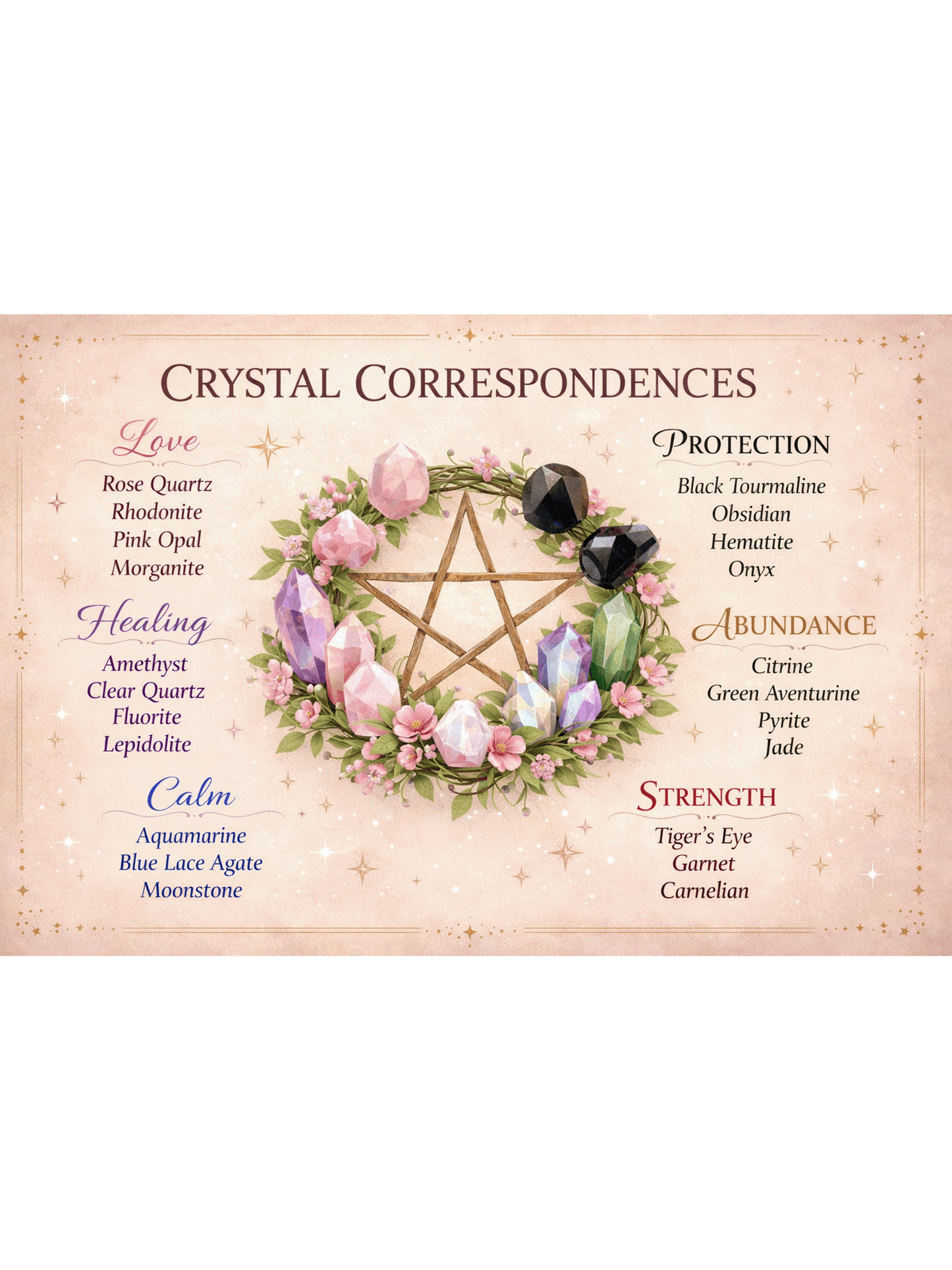 Crystal Correspondences Sign – Spiritual Crystal Guide Chart – Healing Stones Wall Art – Witchy Decor – Crystal Meanings Plaque