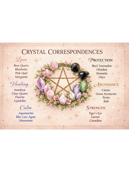 Crystal Correspondences Sign – Spiritual Crystal Guide Chart – Healing Stones Wall Art – Witchy Decor – Crystal Meanings Plaque