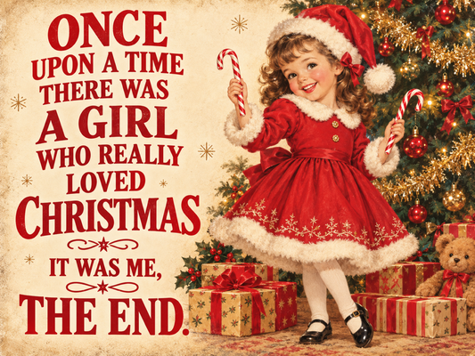Vintage-style Christmas metal sign featuring a girl in a red festive dress beside a decorated tree, with Once Upon a Time Christmas saying.