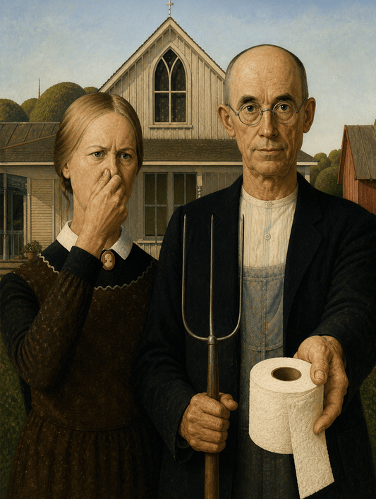 Funny American Gothic Toilet Roll Metal Sign | Bathroom Humour Wall Plaque | 200x150mm