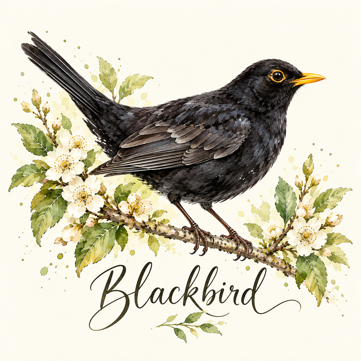 Blackbird coaster design on a flowering branch