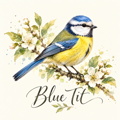Blue tit coaster design with spring blossom