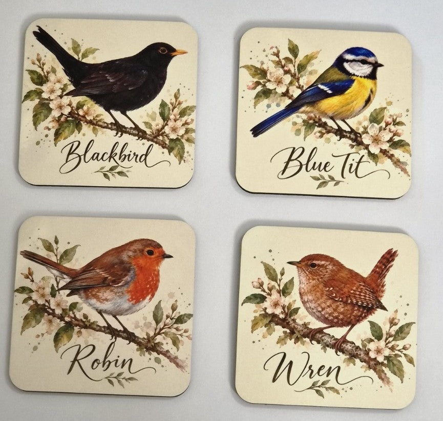 Set of four British garden bird coasters featuring a blackbird, blue tit, robin and wren on blossom branches
