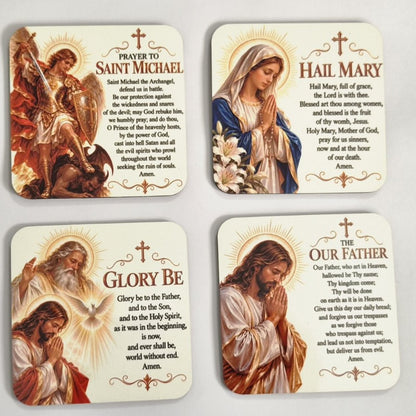 Set of four Catholic prayer coasters with Saint Michael, Hail Mary, Glory Be and Our Father