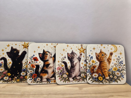 Celestial Floral Cat Coasters – Pack of 4, Cork-Backed MDF showing four floral cat designs