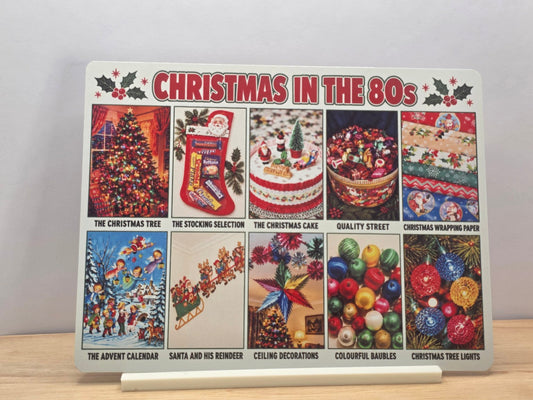 Christmas in the 80s nostalgic metal sign collage of Christmas tree stocking cake advent calendar and baubles with stand