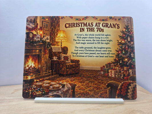 Christmas at Gran's in the 70s metal sign with poem cosy Christmas tree and 1970s lounge with FREE stand
