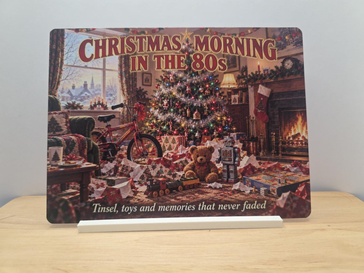 Christmas Morning in the 80s nostalgic living room Christmas tree bicycle toys fireplace metal sign with free stand