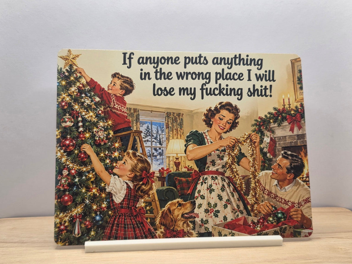 Funny vintage family Christmas tree decorating sign with festive sarcastic quote and FREE stand