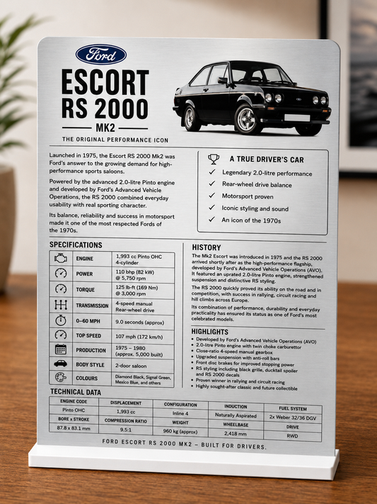 Ford Escort RS2000 Mk2 Aluminium Display Board | Classic Car Information Plaque