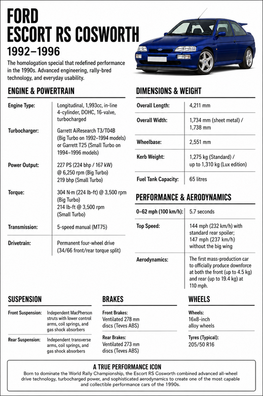 Ford Escort RS Cosworth car spec sheet featuring a blue Escort RS Cosworth and black specification headings on white