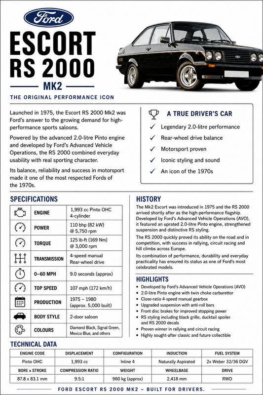 Ford Escort RS2000 Mk2 car spec sheet featuring a black Escort RS2000 Mk2 and blue specification headings on white