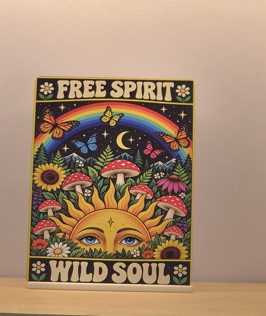 Free Spirit Wild Soul metal sign with a colourful sun, rainbow, mushrooms and flowers, displayed in a white stand