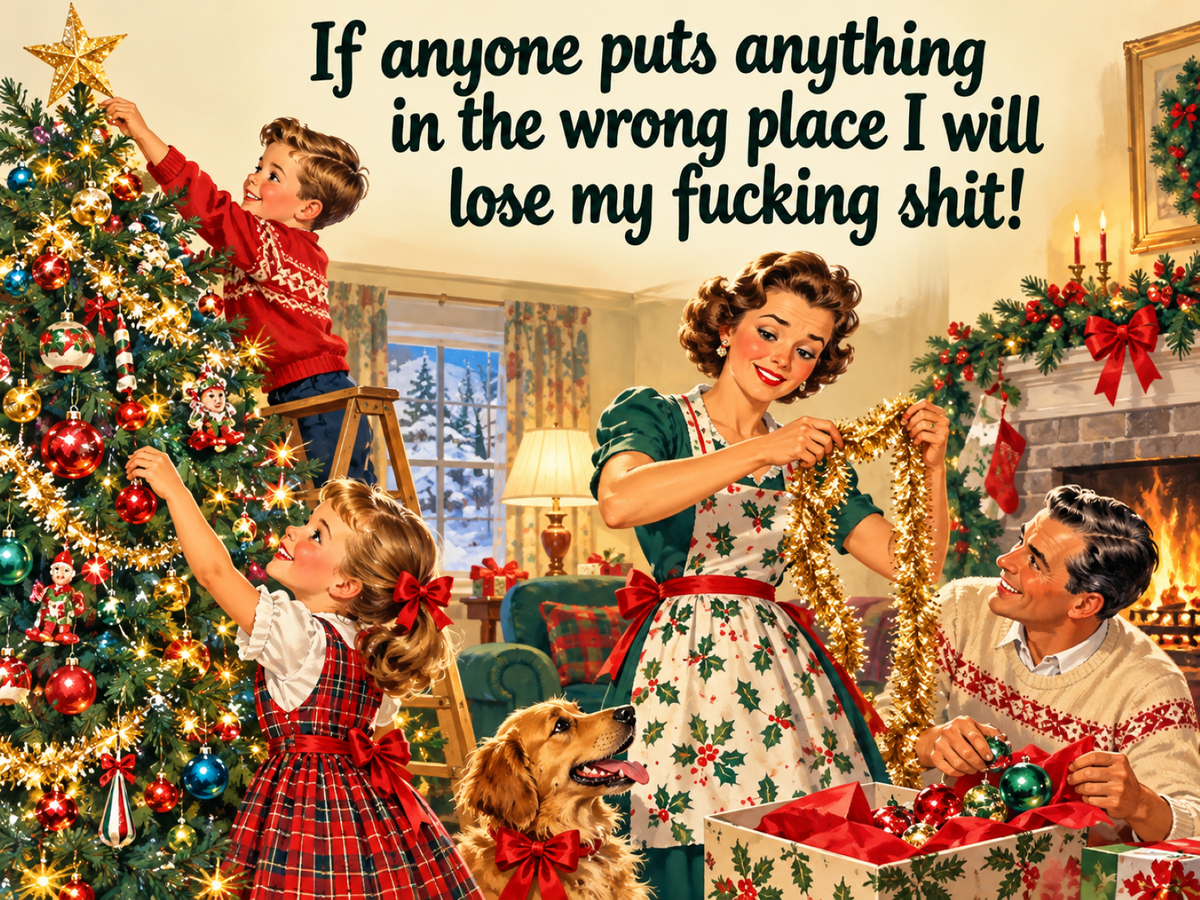 Funny retro Christmas tree decorating metal sign featuring a family decorating their Christmas tree in a cosy festive living room.