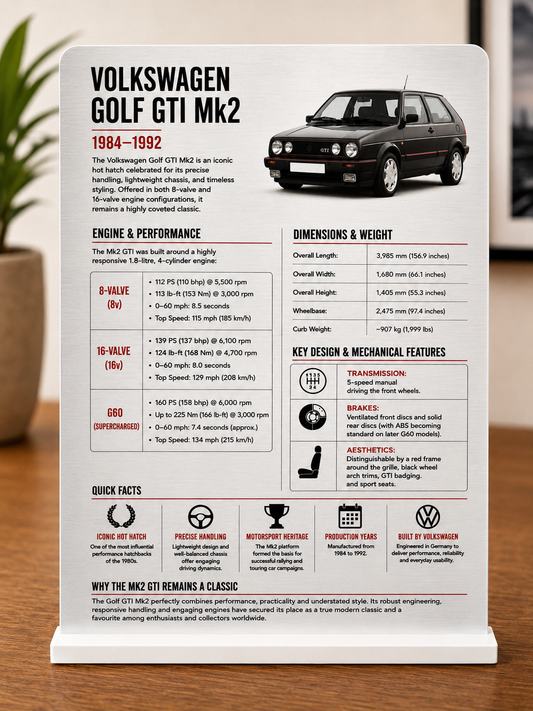 Volkswagen Golf GTI Mk2 Aluminium Display Board | Classic Hot Hatch Information Plaque