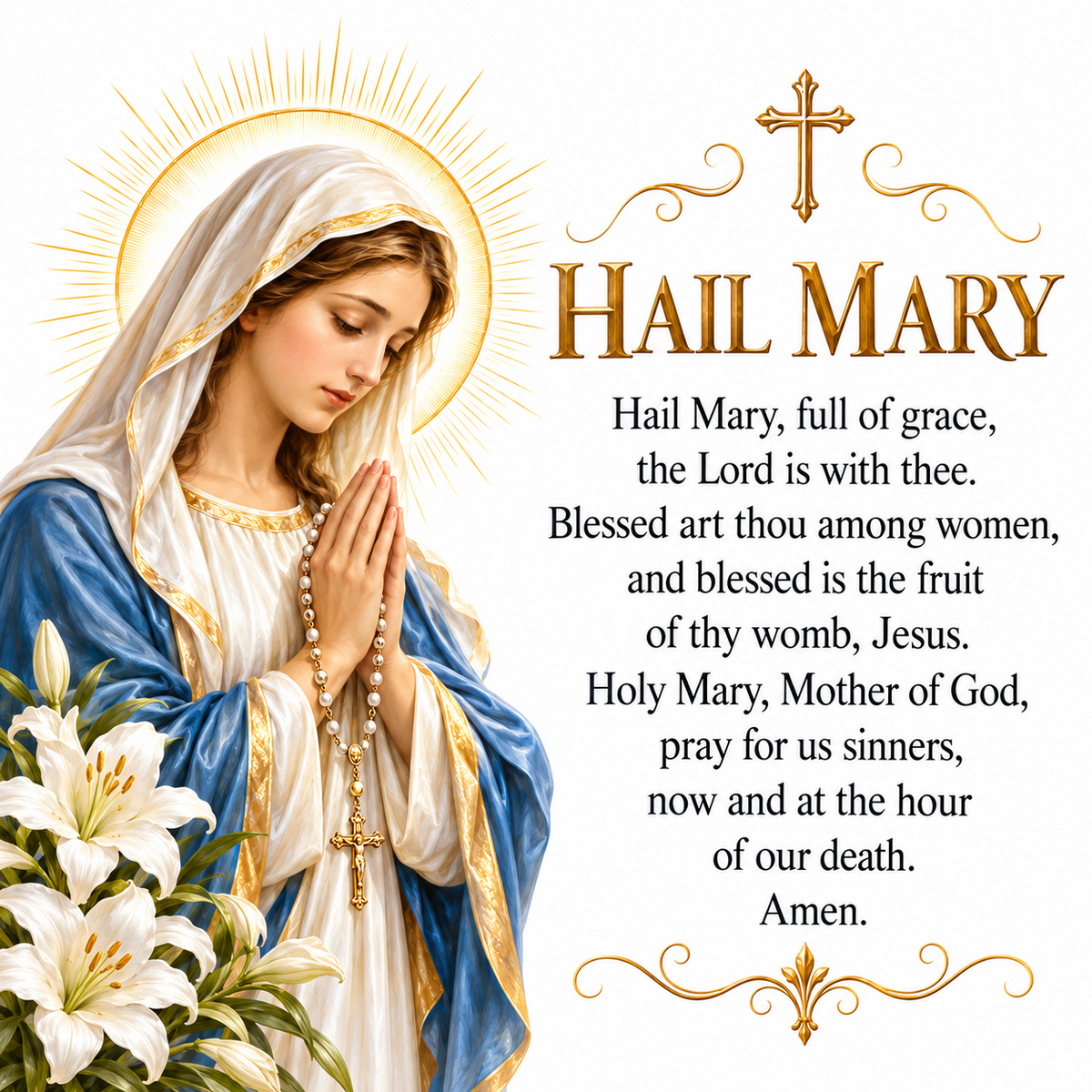 Hail Mary prayer coaster artwork featuring Mary with white lilies