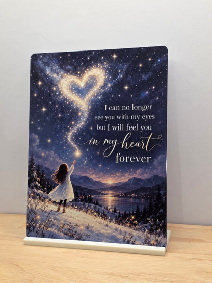 Angled view of In My Heart Forever memorial metal sign displayed in its included white stand