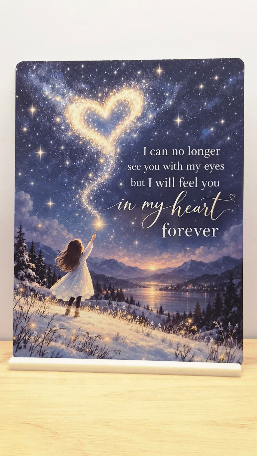 In My Heart Forever memorial metal sign with a girl reaching towards a golden heart above a snowy lake