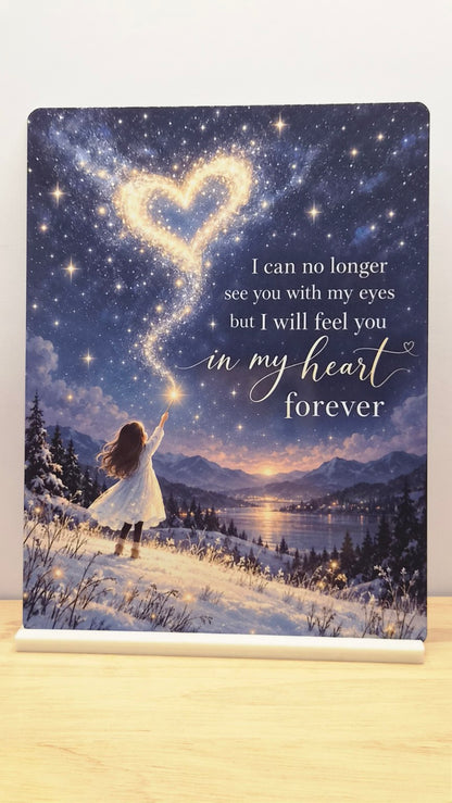 In My Heart Forever memorial metal sign with a girl reaching towards a golden heart above a snowy lake