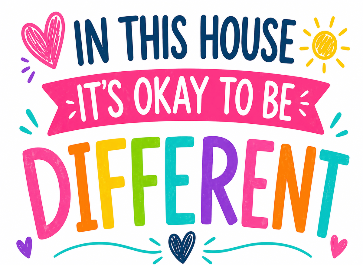 In This House It’s Okay To Be Different Metal Sign – Positive Family Sign Includes Stand