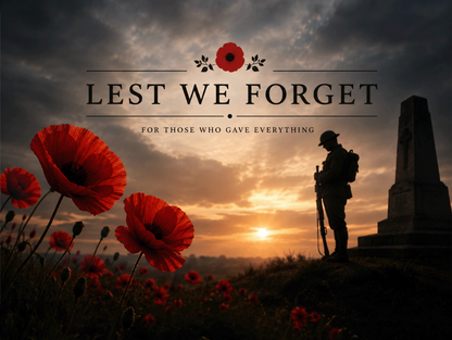 Lest We Forget memorial metal sign showing a silhouetted soldier at sunset and vivid red remembrance poppies.