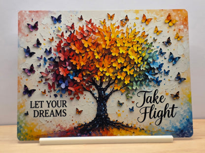 Let Your Dreams Take Flight metal sign with a rainbow butterfly tree, black quote lettering and included white display stand.